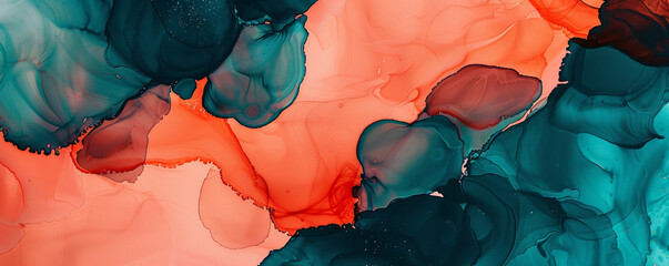 Bright coral and dark teal abstract painting, alcohol ink with oil paint texture.