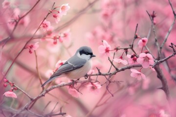 Bird branch flower color. Small nature animal. Generate Ai