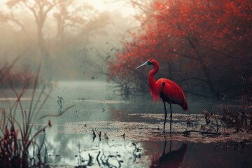 Red bird on lake swamp. Coast shore head beak wing. Generate Ai