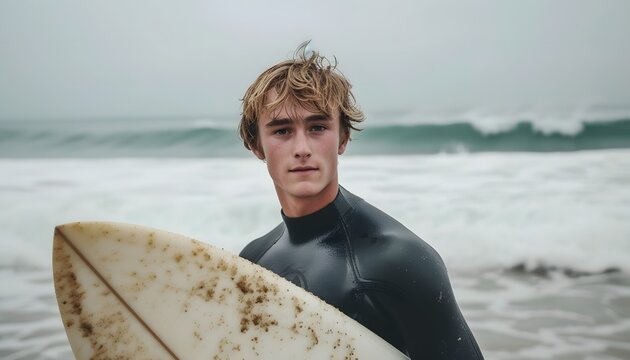 Surfer Holding Board on Cloudy Beach