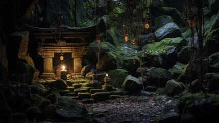 Concealed cave shrine to Pan god of the wild with ancient relics and torchlight - obrazy, fototapety, plakaty