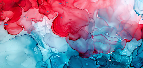 Cherry red and ice blue modern abstract with alcohol ink and oil paint texture.