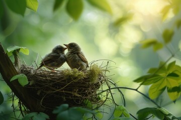 Birds couple sitting in nest. Wildlife wooden birds house with dried twigs. Generate ai