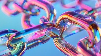 Glass chain with colorful links. Crystal rings connected to each other. Abstract holographic shapes with gradient texture, isolated graphic elements. 3D Illustration