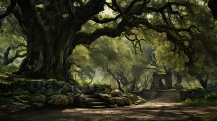 Seeking wisdom among ancient oaks oracle listens to rustling leaves