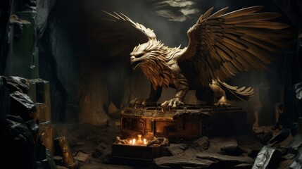 Mythical Griffin guarding treasure in labyrinthine cave