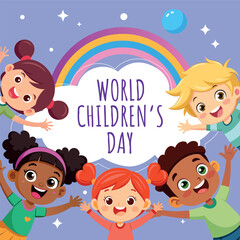 Vector world children day, group cute little boys and girls vector illustration