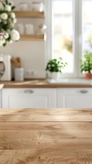 Fototapeta na wymiar Wooden Counter n Blurred Kitchen Background