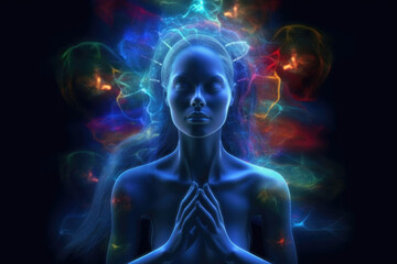 A woman standing with her hands clasped together in front of her face, displaying a thoughtful or contemplative expression