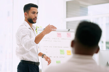 Presentation, board and businessman with audience in meeting for career planning, ideas or team...