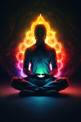 A man sits with crossed legs in a meditation pose in the center of the image