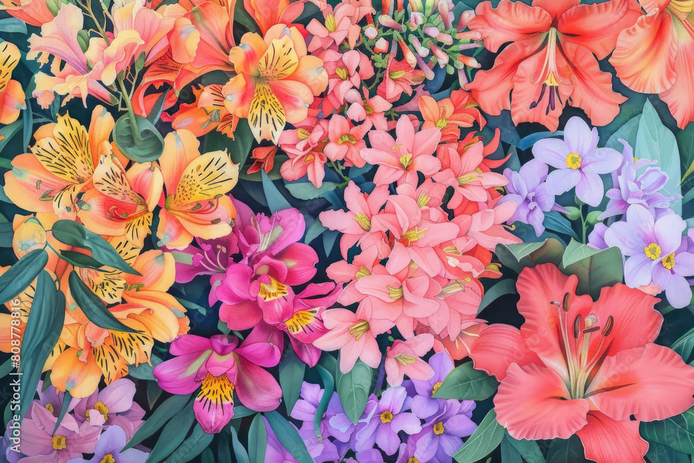 Poster a painting showcasing a variety of colorful flowers, each with unique shapes and hues, creating a li