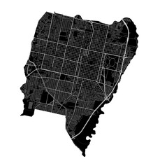 San Miguel de Tucuman city map, Argentina. Municipal administrative borders, black and white area map with rivers and roads, parks and railways.