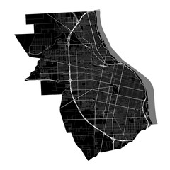 Rosario city map, Rosario, Argentina. Municipal administrative borders, black and white area map with rivers and roads, parks and railways.