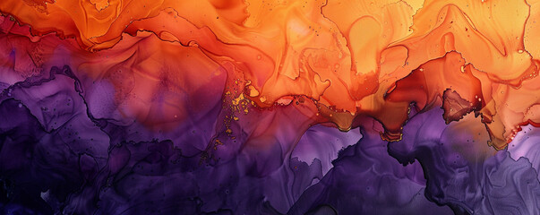 Fiery orange and midnight violet alcohol ink art, with a modern oil paint textured finish.