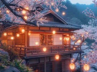A house with a balcony lit up with lanterns