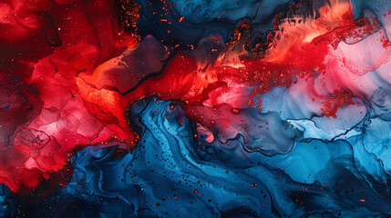 Fiery scarlet and midnight blue alcohol ink art, with a modern oil paint textured finish.
