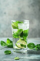 Fototapeta premium A classic mojito cocktail, effervescent and garnished with lime and mint