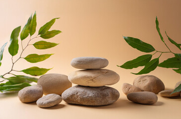 Natural Podium for Display Packaging: podium made from smooth river stones stacked to create a pedestal 