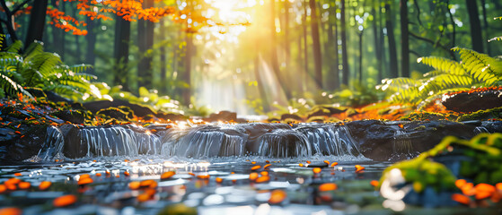 Serene Forest Waterfall with Autumn Leaves, Sunlight Filtering through Green Trees onto Rocky Creek