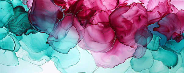 High-quality alcohol ink painting with oil paint textures in shades of raspberry and turquoise.