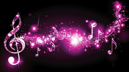   A black background with a central spot of light, surrounded by musical notes and a purple hue - Powered by Adobe