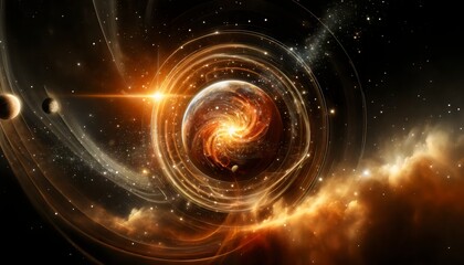 Obraz premium Orbital Genesis, captures the powerful essence of a cosmic event, where a spiraling galaxy merges with fiery orbital rings around a glowing celestial body