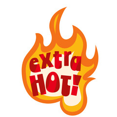 Extra Hot text in fire, cartoon sticker of spicy food menu. Funny emblem with red comic bold font burning in orange flame, cartoon typography badge of meal with hot chili pepper vector illustration