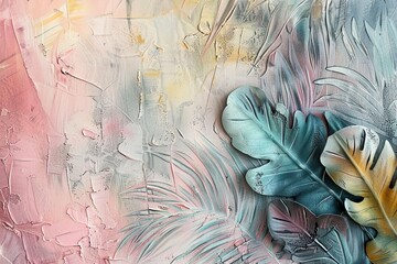 Abstract Watercolor Painting of Blue and Pink Leaves
