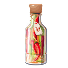 Pickled red and green chili peppers, cartoon glass bottle. Jar of chili pickles with lid, cartoon container of healthy condiment and food ingredient with Super Hot text on label vector illustration