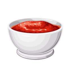 Chili pepper sauce in cartoon white glass bowl. Ceramic round cup of ketchup with spices, tomato paste or sweet sauce, cartoon condiment, spicy dip for fast food and snacks vector illustration