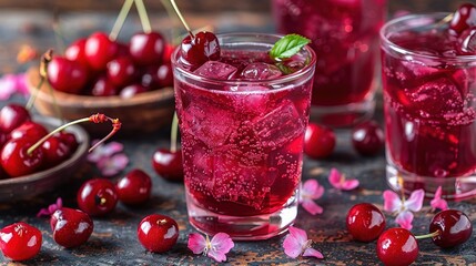    a glass filled with liquid and sitting beside a bowl brimming with cherries - Powered by Adobe