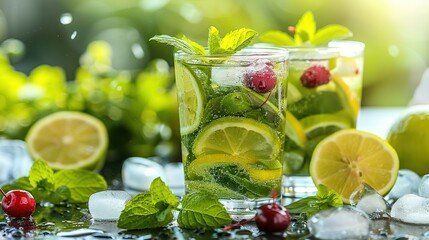   Close-up of a glass of water with lemons and raspberries on a table with ice and mints