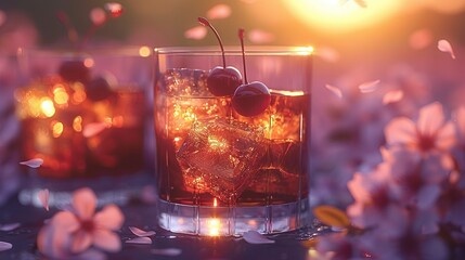   A close-up shot of a drink in a glass filled with ice and topped with cherries, set on a table...