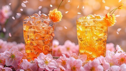   Close-up shot of two glasses filled with drinks, accompanied by flowers positioned to the side of...