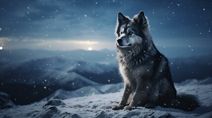 Fototapeta premium Wolf sitting on top of snowcovered peak watching over its domain with snowy night background