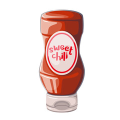 Chili sauce in plastic bottle, cartoon package with Sweet chili text on label. Red packaging with lid to squeeze out ketchup or hot sriracha condiment, cartoon spicy tomato catchup vector illustration