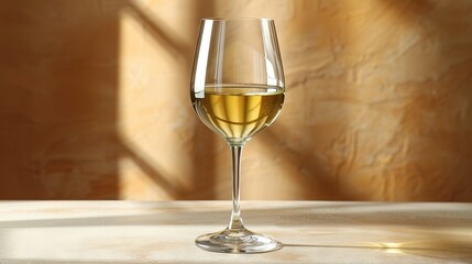   A glass of wine perched on a table, framed by a wall and bathed in the soft light filtering through a nearby window's shadow