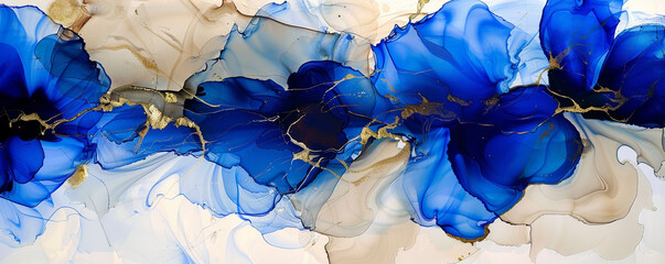 Modern abstract with royal blue and rich beige, alcohol ink and oil paint texture.