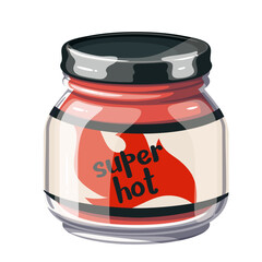 Chili sauce in cartoon glass bottle with Super Hot text and fire on label. Round transparent cartoon jar with black screw cap and red spicy tomato sauce for barbecue fast food vector illustration
