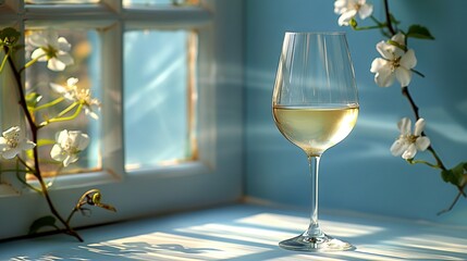   A glass of white wine sits near a window with a white flower branch in front - Powered by Adobe