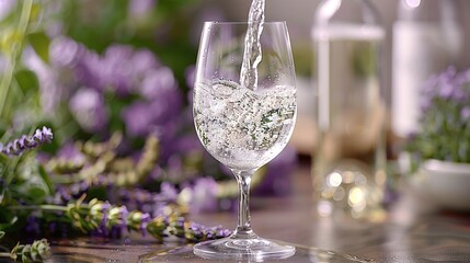   A glass of water sits atop a table beside a vase adorned with purple and white blossoms