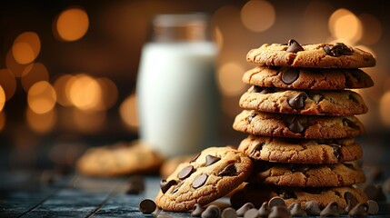   A chocolate chip cookie stack sits beside a milk glass on a lit table