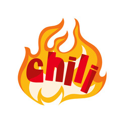 Chili text in fire, cartoon sticker. Hot chili pepper sign in flame for pungent restaurant food menu, cartoon cute typography patch with lettering of red funny burning font vector illustration