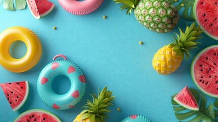 Fototapeta na wymiar Top view of summer background with inflatable swimming rings, watermelon and pineapple on blue color. Summer vacation holiday concept