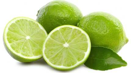   Group of limes, cut in half on white background with leaves