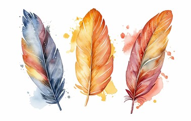 Watercolor feathers isolated  in boho style , flat illustration on white background
