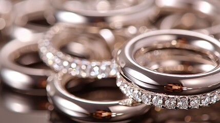   A close-up of several sparkling diamond rings, featuring diamonds both inside and outside