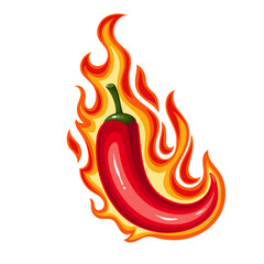 Red chili pepper in hot fire, cartoon burning pod. Whole fresh pepper in flame label, cartoon spicy vegetarian food ingredient and best condiment of pungent restaurant menu vector illustration