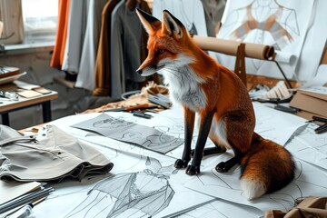 Obraz premium illustration, fox Drawing Fashion Designs at Table
